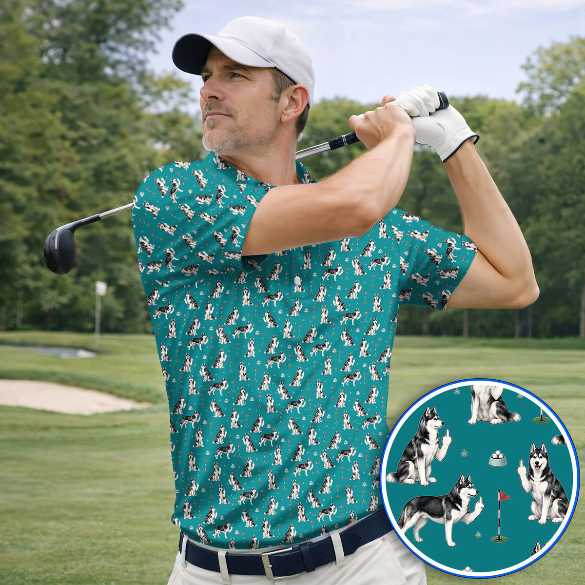 Crazy Husky Golf Polos, Husky Sibir Pattern Golf Shirt For Dog Lover, Golf Gift For Golfer
