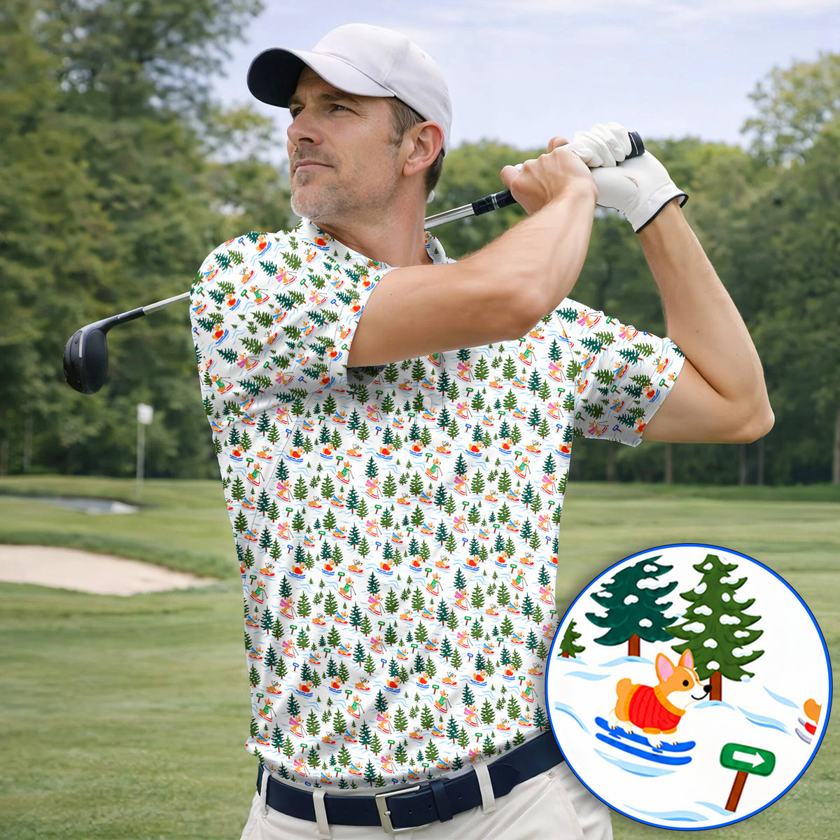 Corgi Christmas Golf Polos, Xmas Corgi Pattern Golf Shirt, Funny Golf Gift For Golfers
