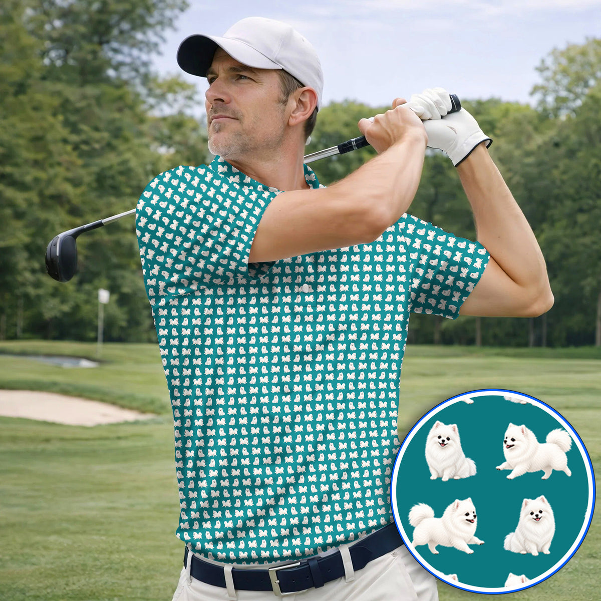 White Pomeranian Pattern Golf Polos, Cute Pomeranian Dog Golf Shirt, Crazy Golf Gift For Golfer