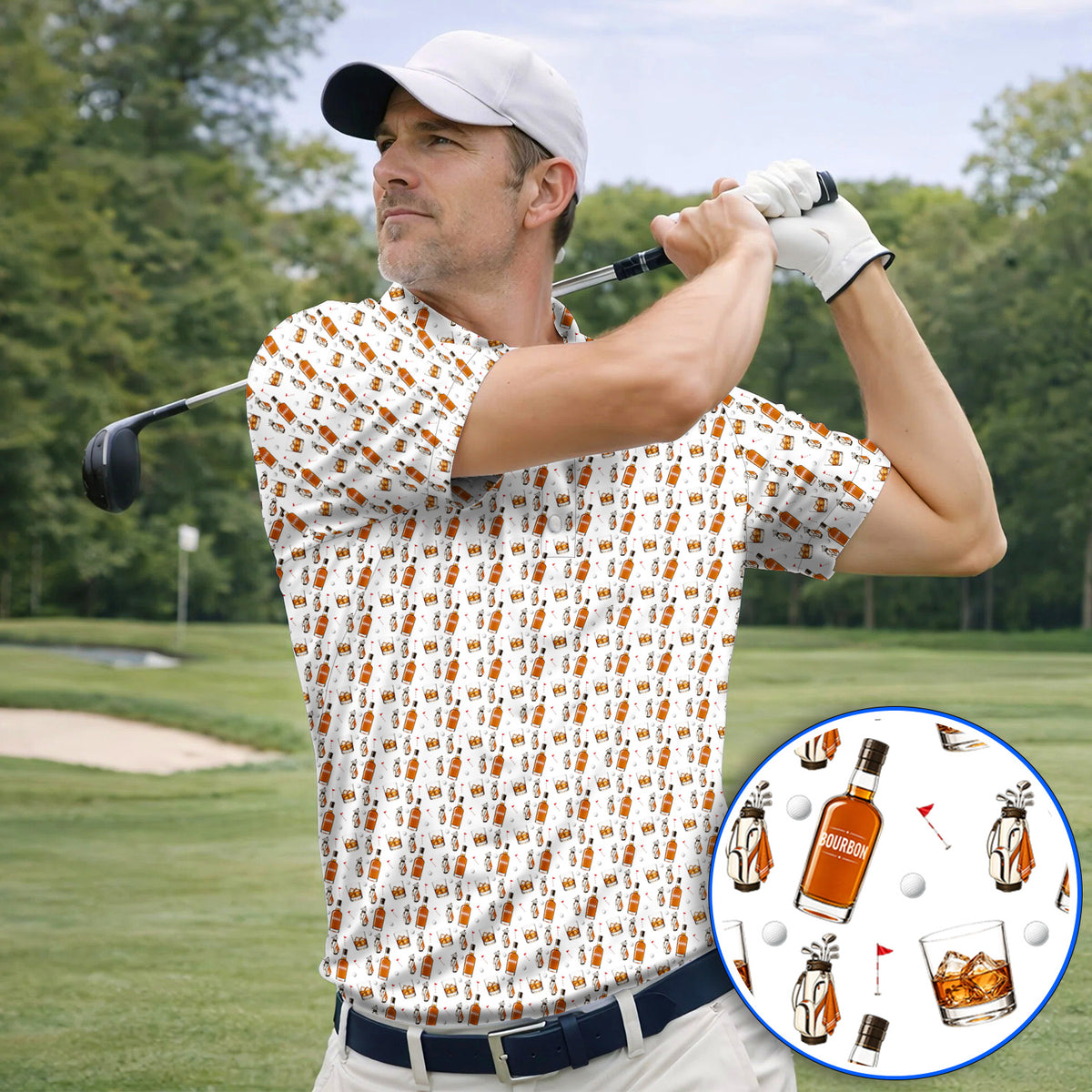 Bourbon Whiskey Golf Polos, Golf & Bourbon Pattern Shirt, Unique Gift For Whiskey Loving Golfers