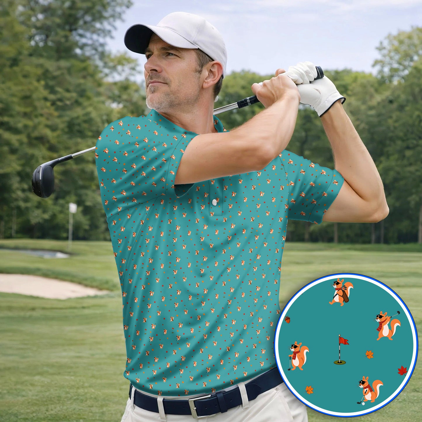 Fall Pattern Golf Polos, Autumn Squirrel Golf Shirt, Crazy Golf Gift For Golfer