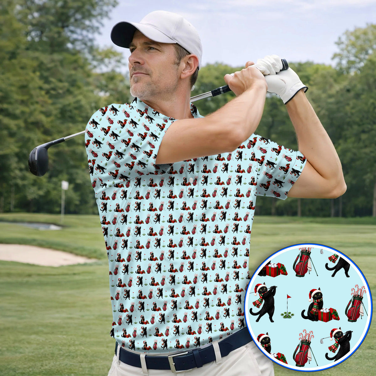 Black Cat Christmas Golf Polos, Festive Cat Patterm Golf Shirt, Funny Holiday Golf Gift For Golfer