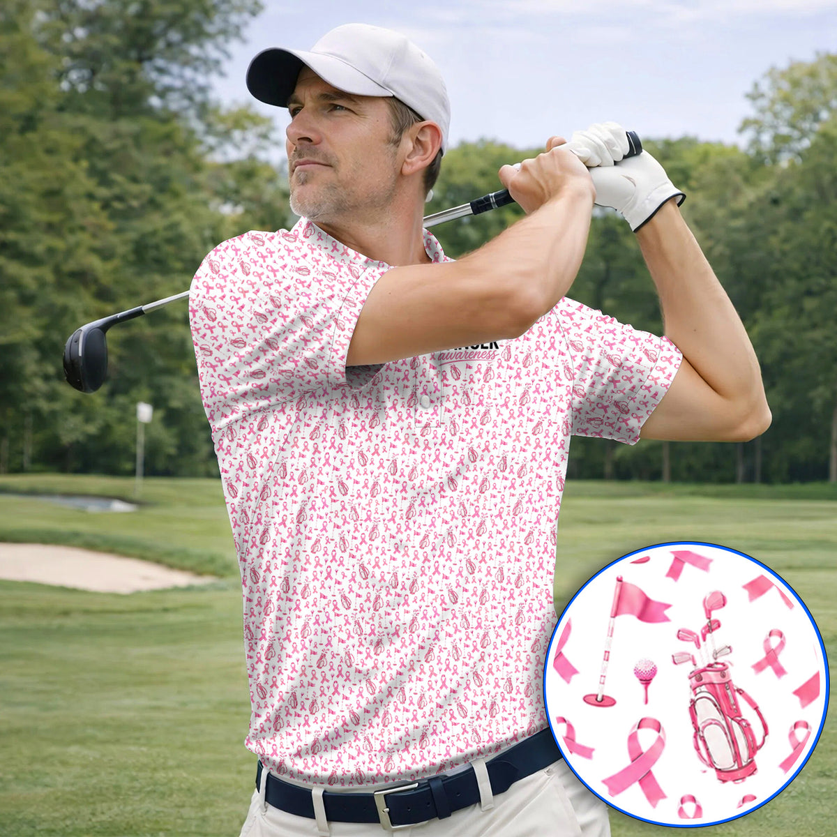 Breast Cancer Awareness Golf Polos, Pink Ribbon Golf Bag Pattern Shirt, October Golf Gift for Golfer