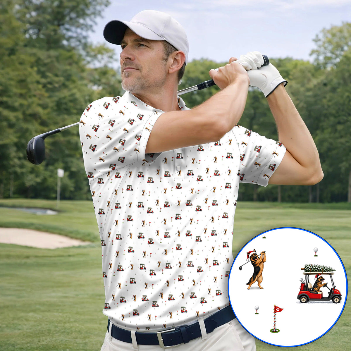 Crazy German Shepherd Christmas Pattern Golf Polos, German Shepherd Golf Cart Shirt, Holiday Golf Gift for Golfers