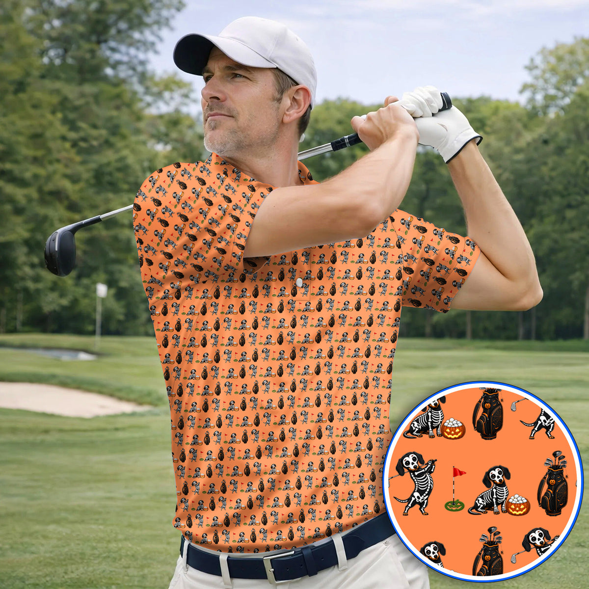 Halloween Dachshund Golf Polos, Skeleton Wiener Dog Pattern Golf Shirt, Funny Golf Gift for Golfer