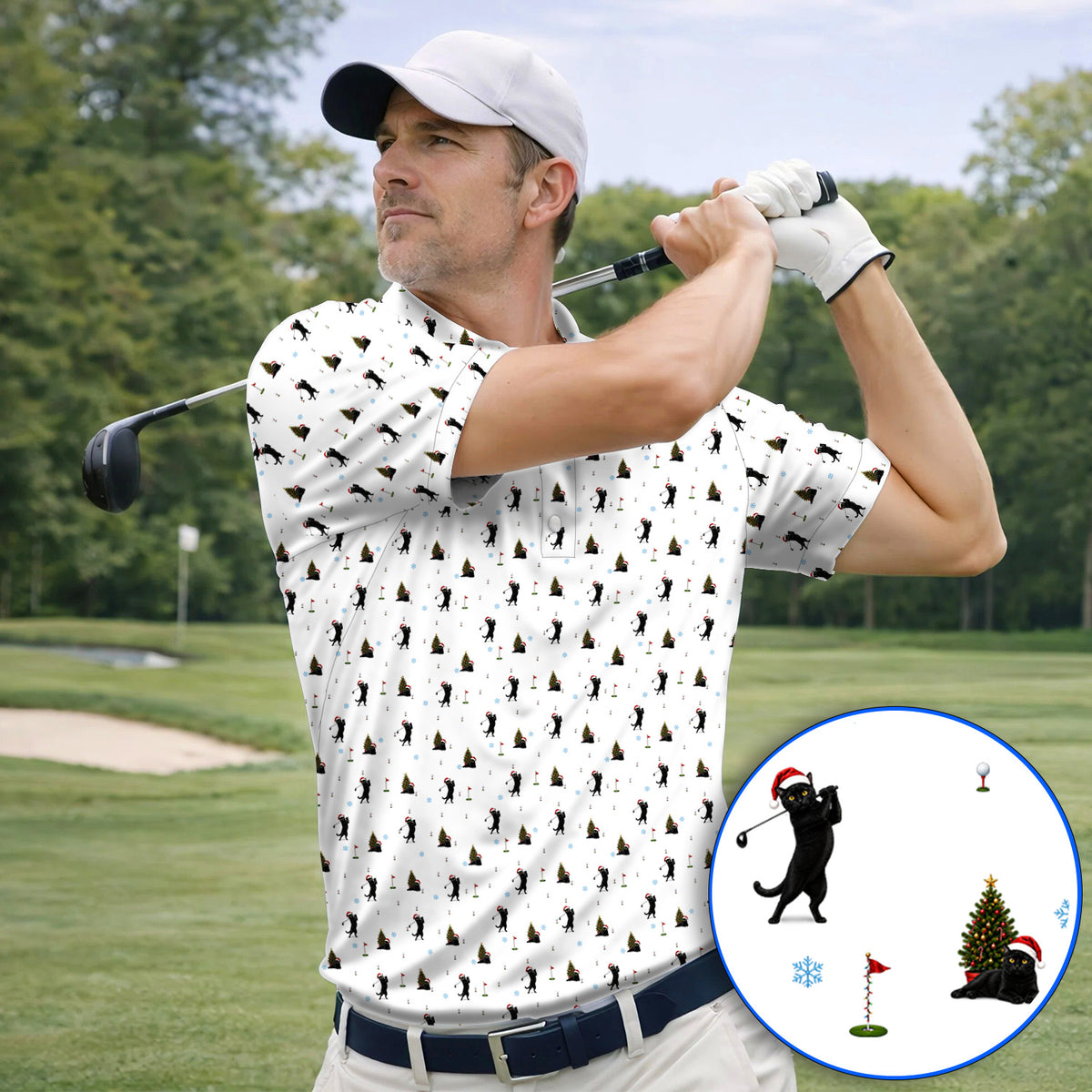 Black Cat Christmas Golf Shirt, Funny Cat Pattern Golf Polos, Xmas Golf Gift for Golfers