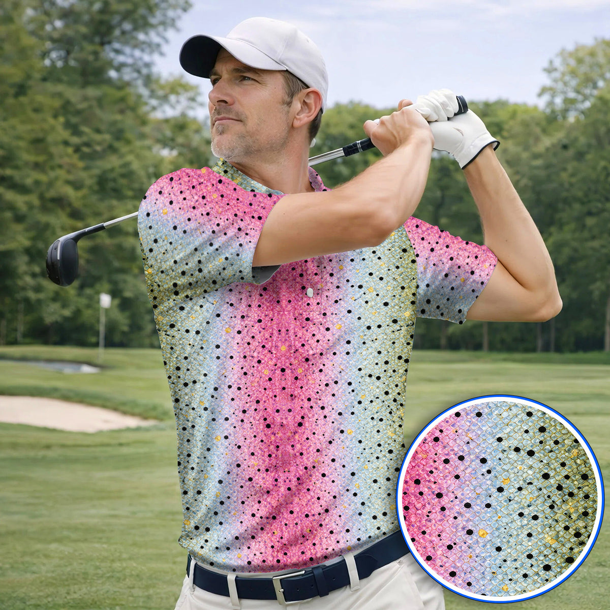 Crazy Rainbow Trout Skin Pattern Golf Polos, Pink Blue Fish Scale Golf Shirt, Golf Gift For Golfers