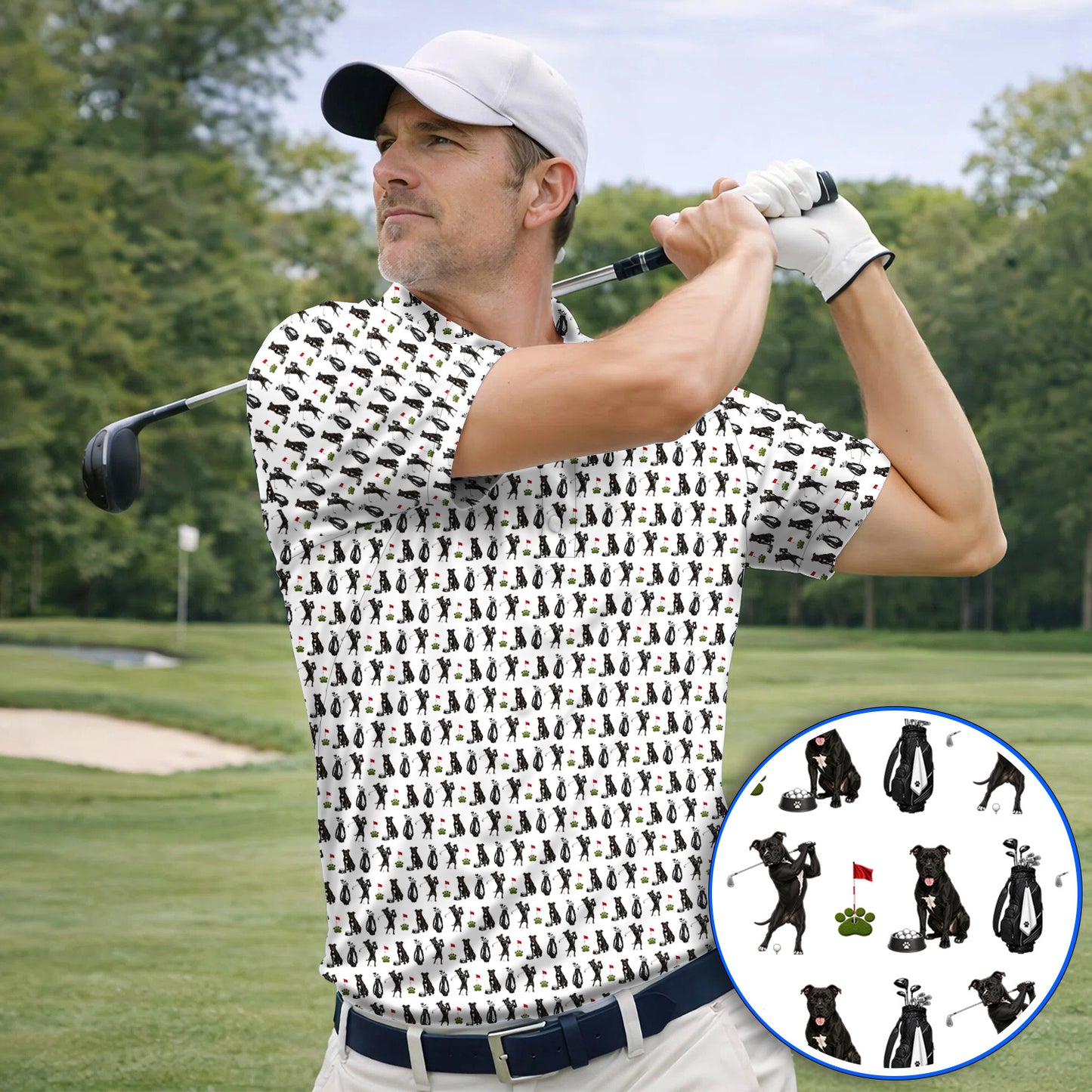 Funny Pit Bull Golf Pattern Polos, Black Pit Bull Golf Shirt for Golfer, Golf Gift For Dog Lovers