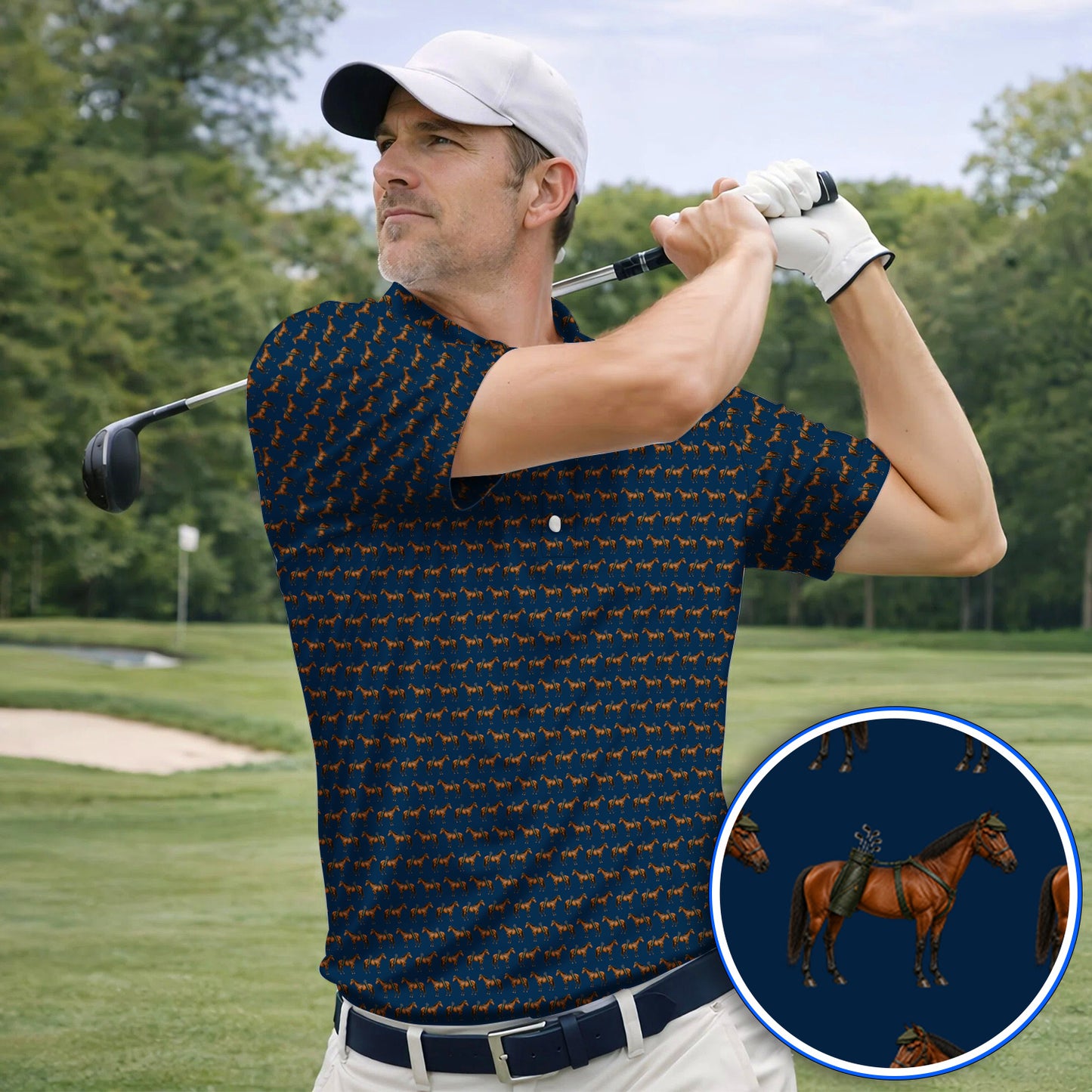 American Quarter Horse Golf Shirt, Crazy Horse Pattern Golf Polos, Western Horse Gift for Golfers