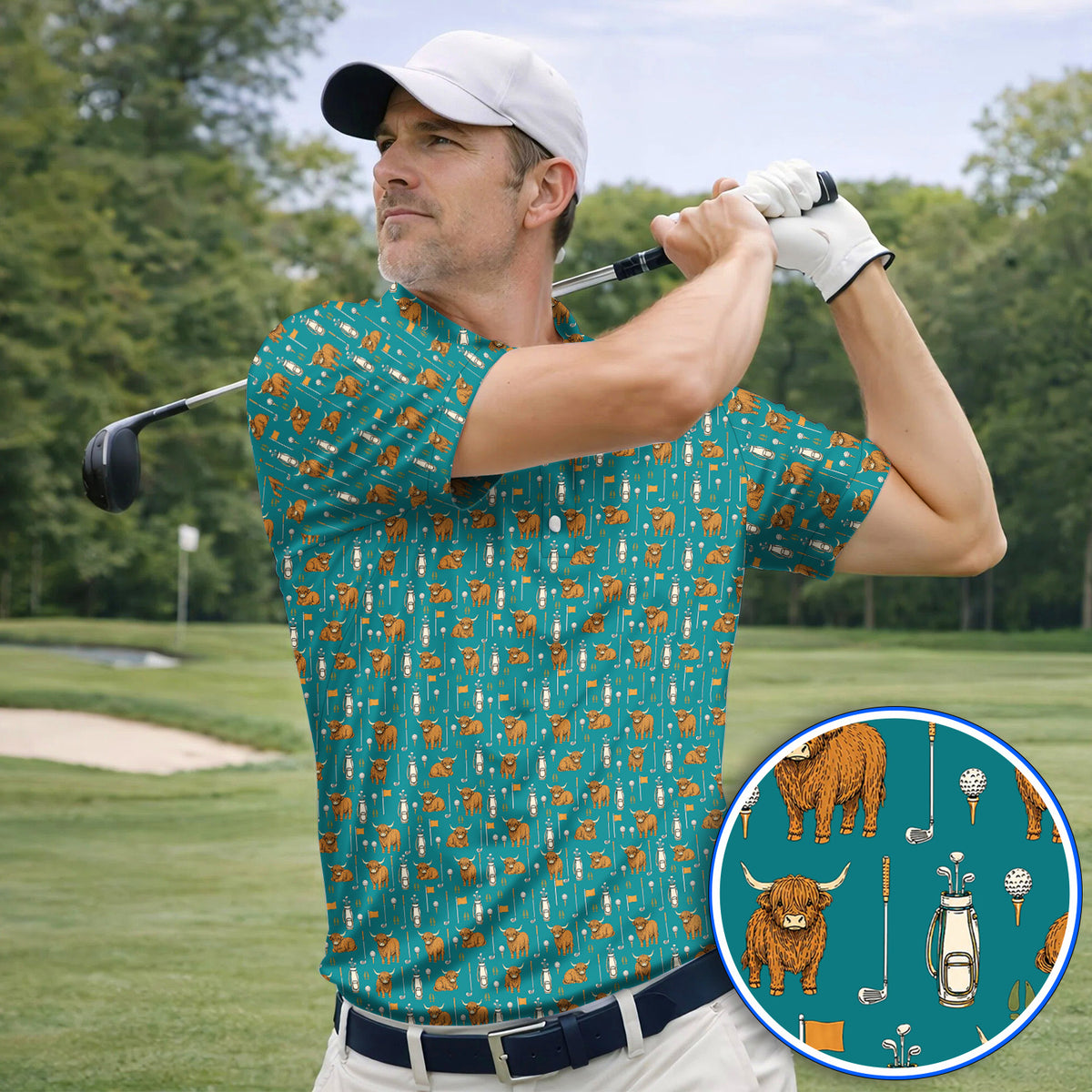 Highland Cow Fairway Polos, Highland Cow Golf Pattern Shirt, Golf Gift For Golfer