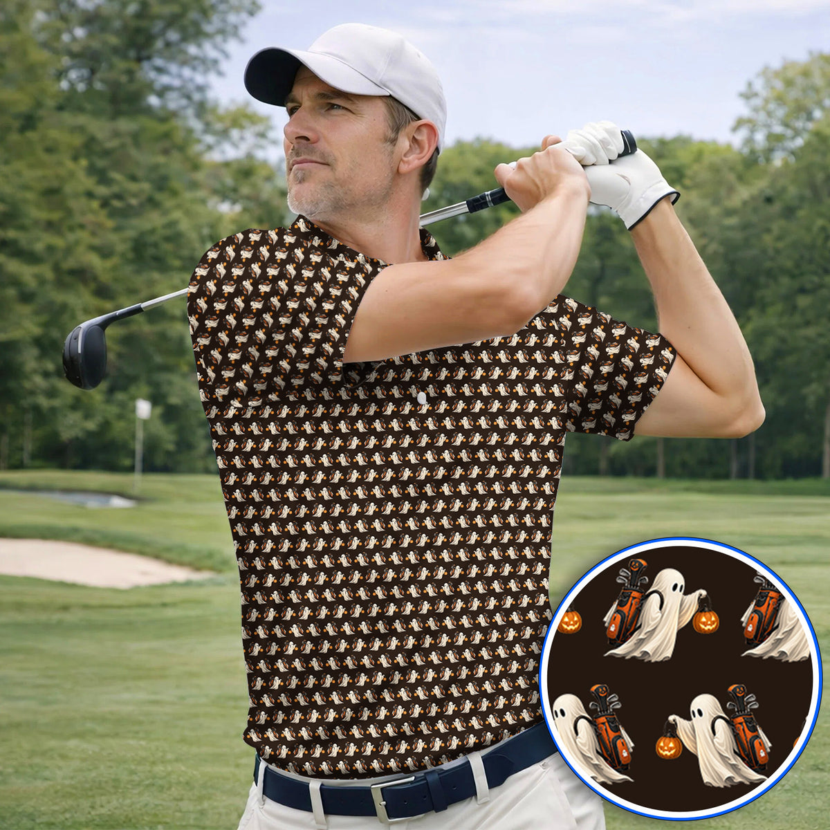 Halloween Golf Polos, Ghost Pattern Golf Shirt, Spooky Golf Gift for Golf Lovers