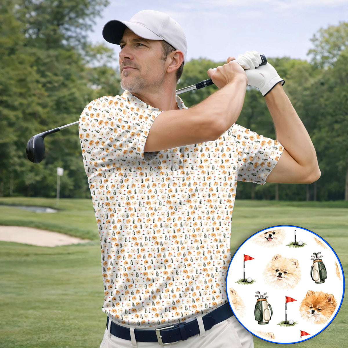 Pomeranian Golf Shirt, Fluffy Pom Dog & Golf Pattern Polos, Funny Golf Gift For Golfer