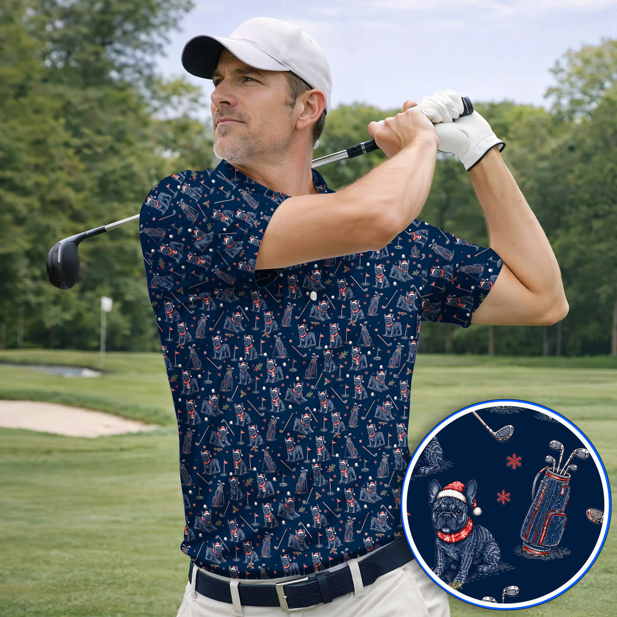 French Bulldog Christmas Golf Polos, Vintage Holiday Dog Pattern Golf Shirt, Xmas Golf Gift for Golfers