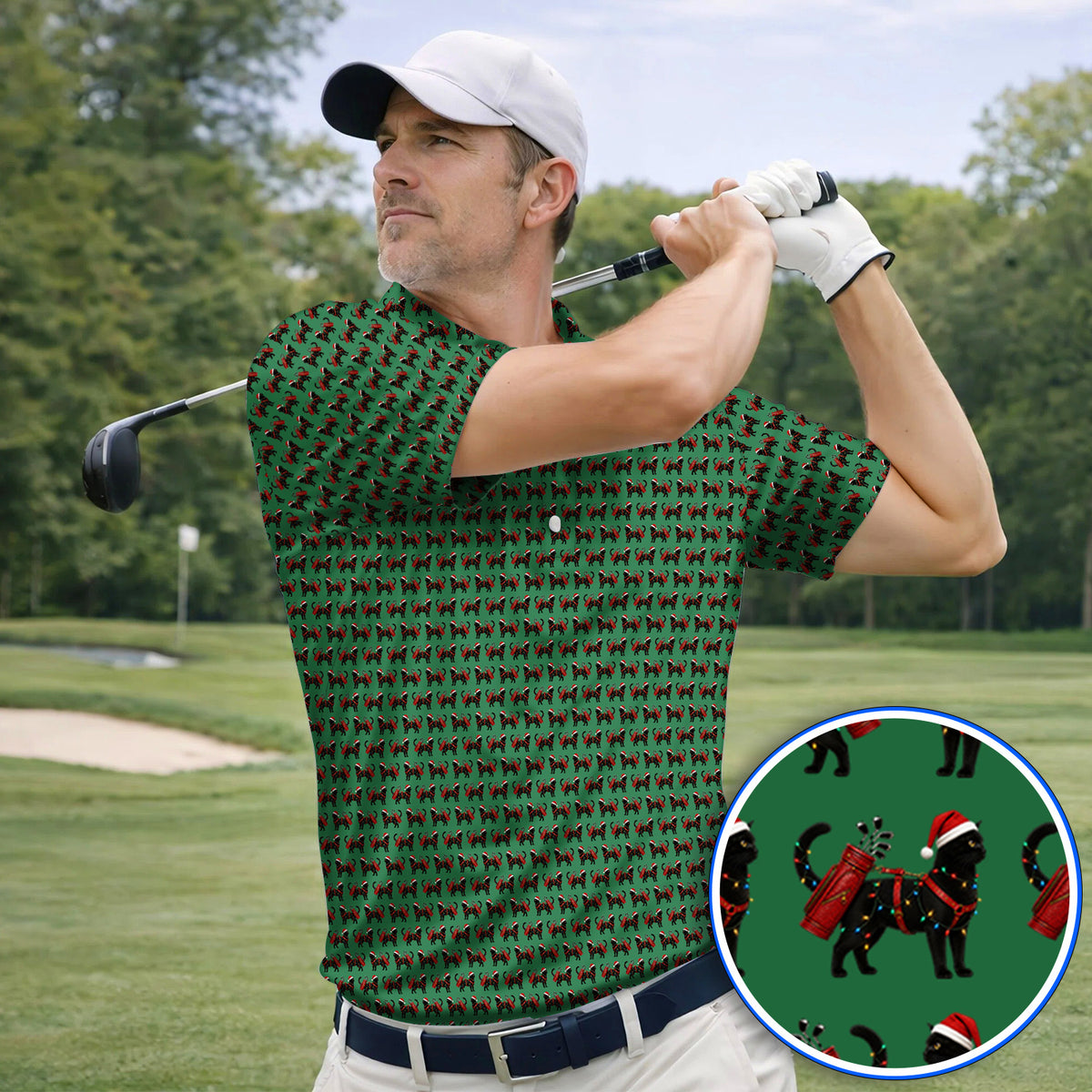 Black Cat Christmas Golf Shirt, Crazy Cats Golf Polos For Xmas Holiday, Golf Gift For Cat Loving Golfer