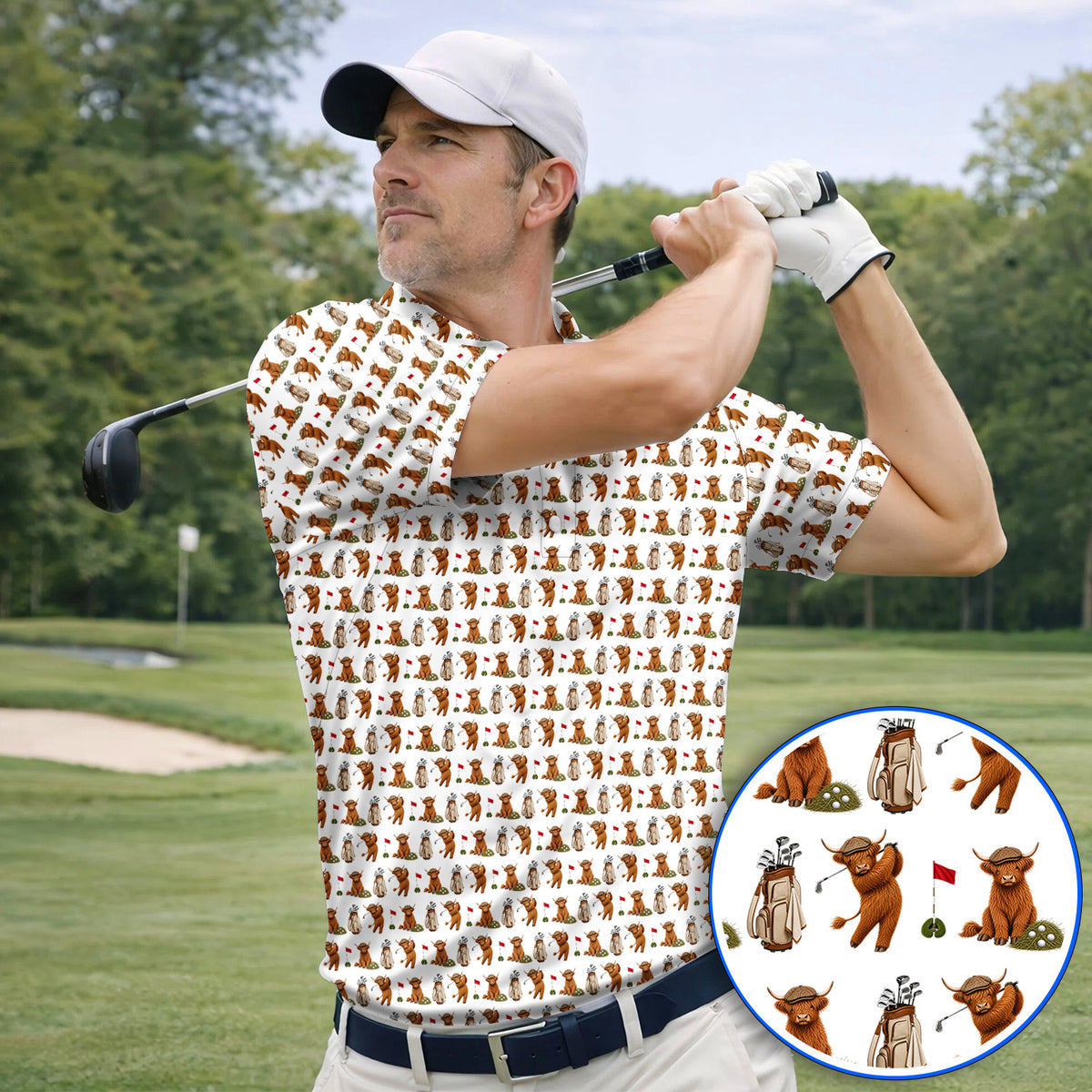 Funny Highland Cow Golf Polos, Highland Cow Pattern Golf Shirt, Golf Gift For Golfer