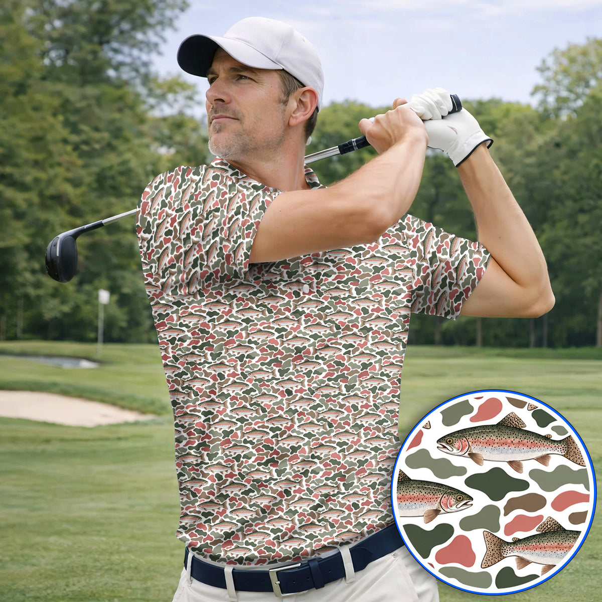 Rainbow Trout Camo Golf Shirt, Trout Fishing Camouflage Pattern Golf Polos, Crazy Golf Gift For Golfer