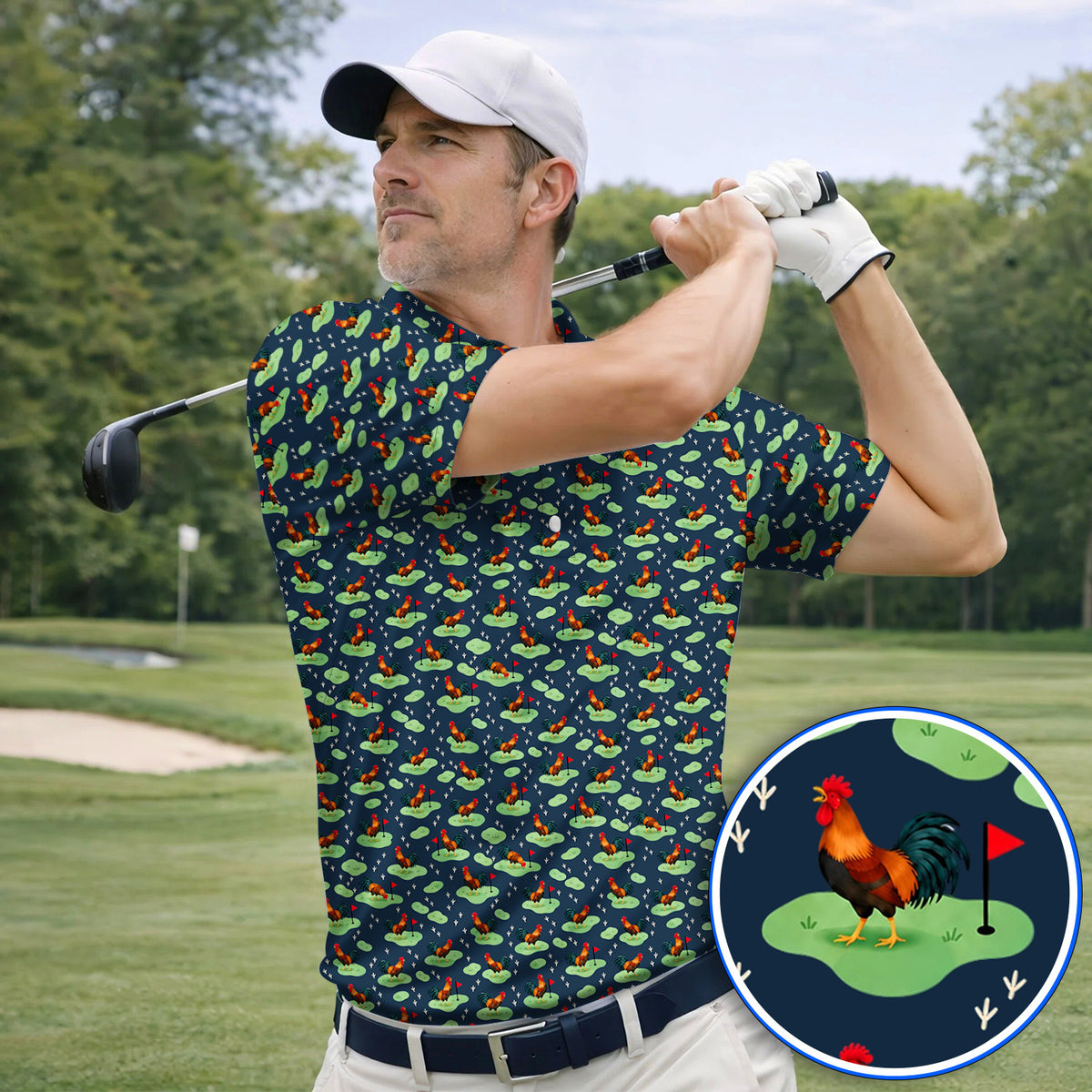 Crazy Rooster Golf Polos, Rooster Pattern Golf Shirt For Chicken Lovers, Golf Gift For Golfers