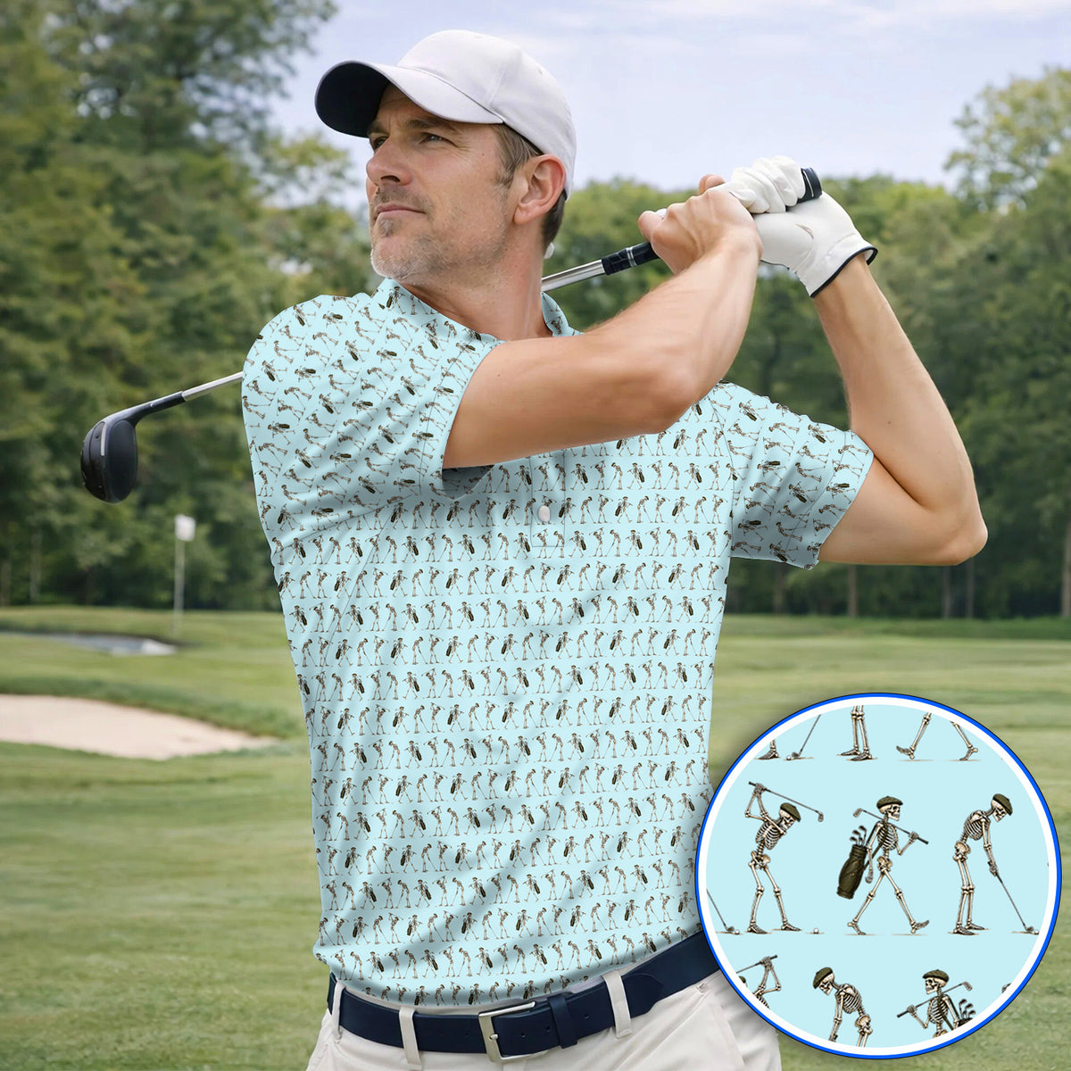 Skeleton Golf Polos, Vintage Skeleton Golf Pattern Shirt, Crazy Golf Gift For Golfer