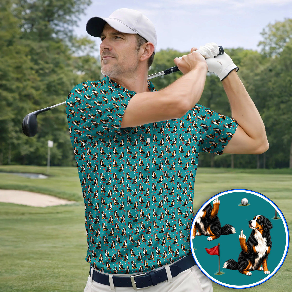 Bernese Mountain Dog Golf Pattern Polos, Bernese Golf Shirt, Funny Dog Lover Golf Gift