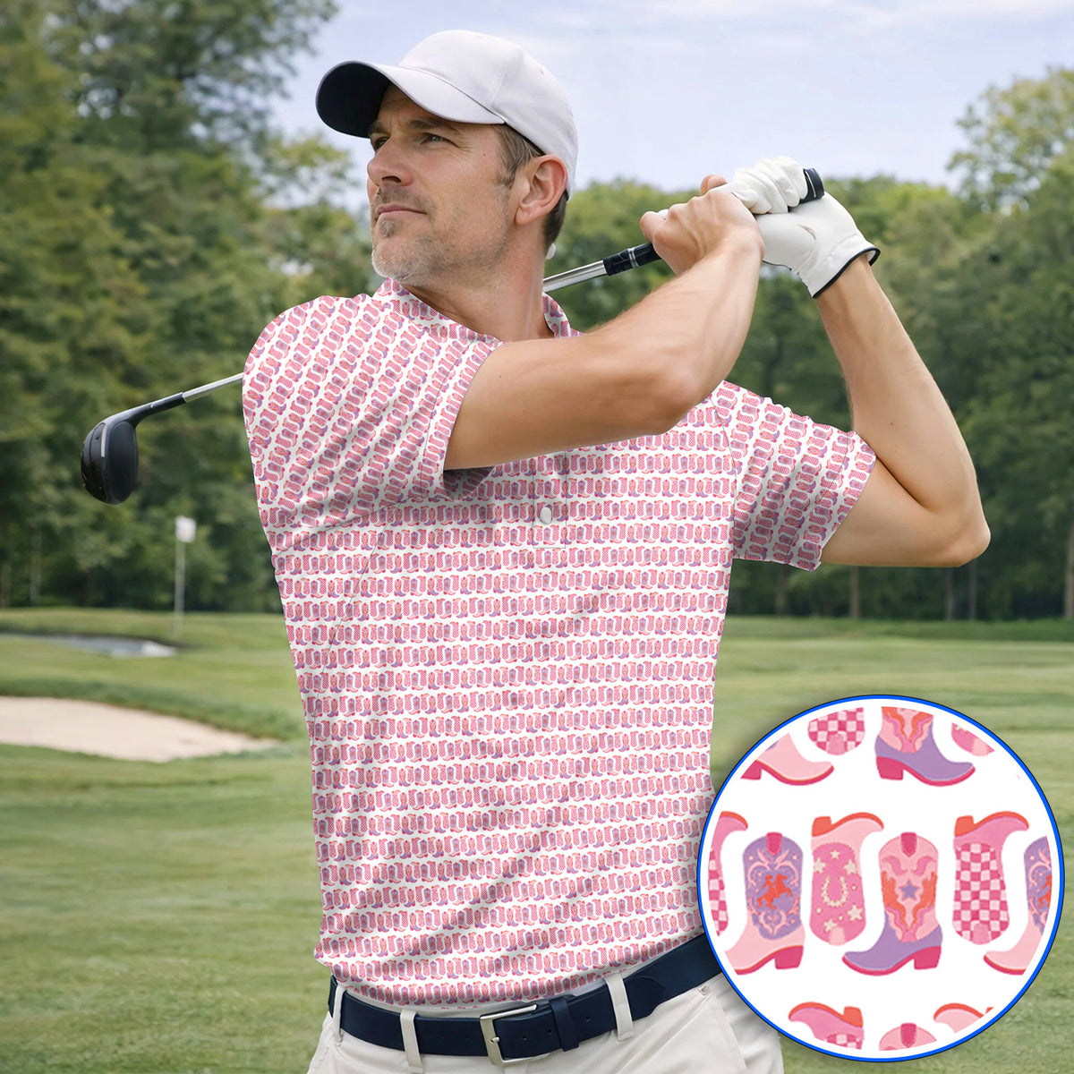 Pink Cowgirl Golf Polos, Western Cowboy Boots Pattern Golf Shirt, Crazy Golf Gift For Golfers