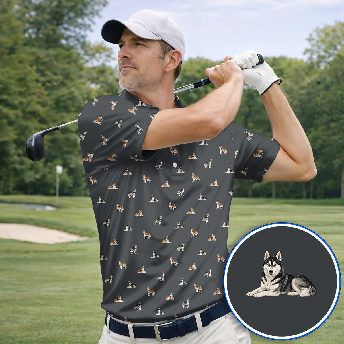 Funny Husky Sibir Golf Polos, Husky Pattern Golf Shirt For Golfer, Golf Gift For Dog Lover