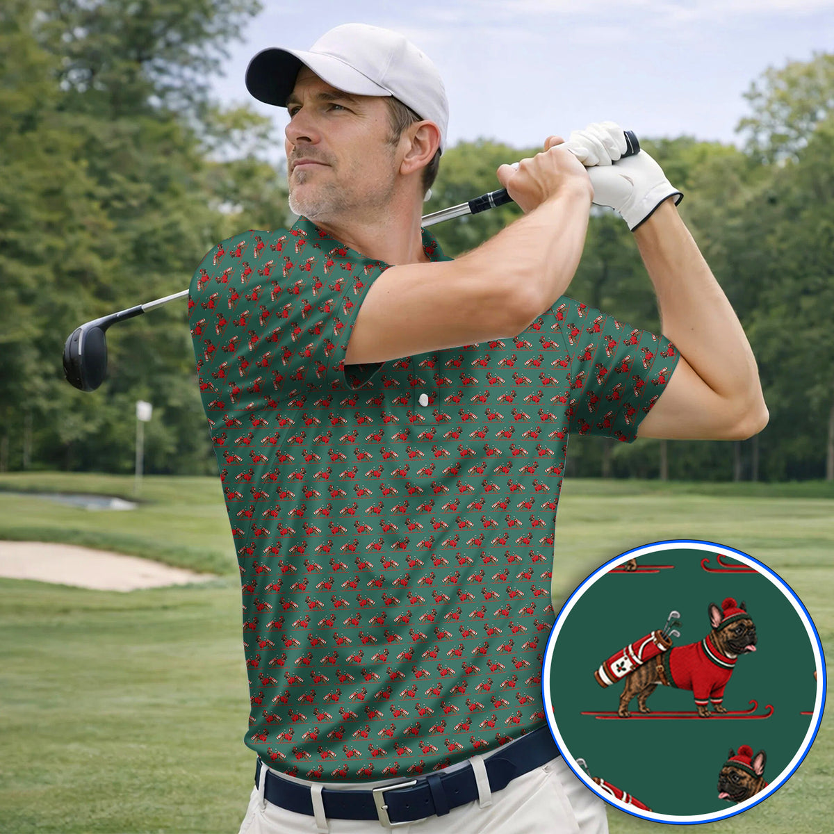 French Bulldog Holiday Golf Polos, Christmas Dog Pattern Golf Shirt, Festive Golf Gift for Golfers
