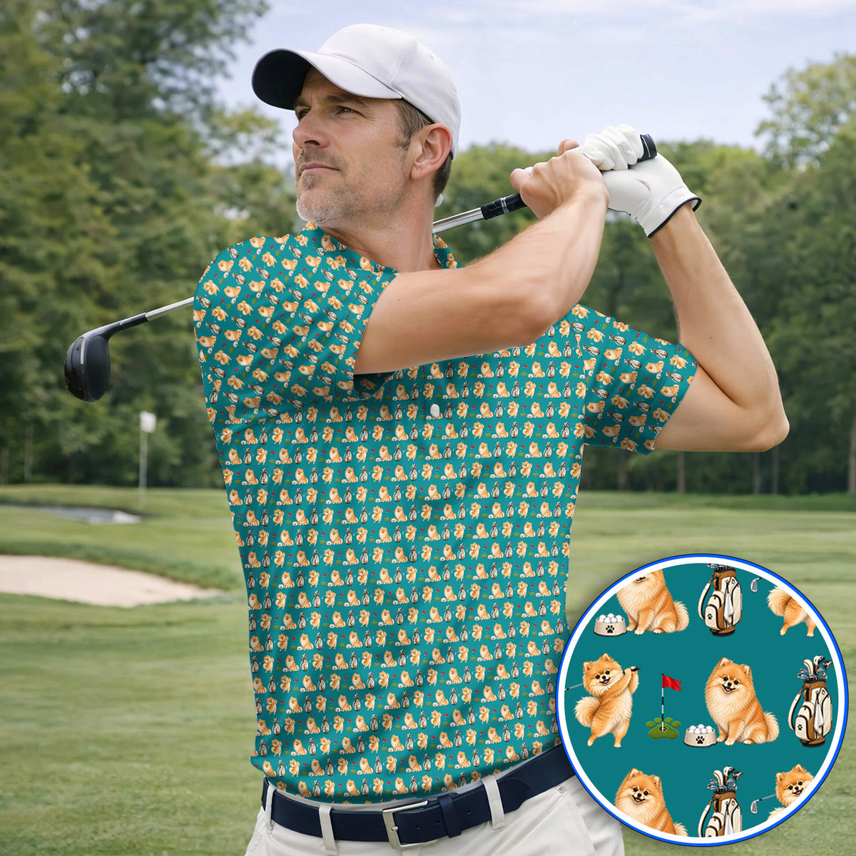 Pomeranian Pattern Golf Polos, Pomeranian Dog Golf Shirt, Golf Gift For Golfer