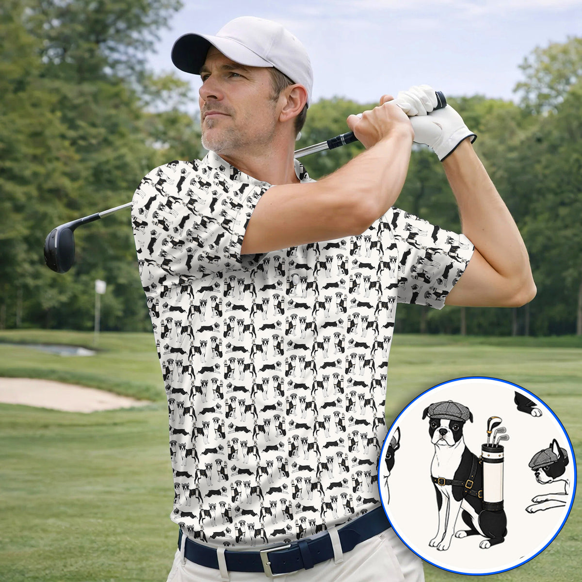 Boston Terrier Pattern Golf Polos, Boston Terrier Golf Shirt, Funny Golf Gift For Golfer