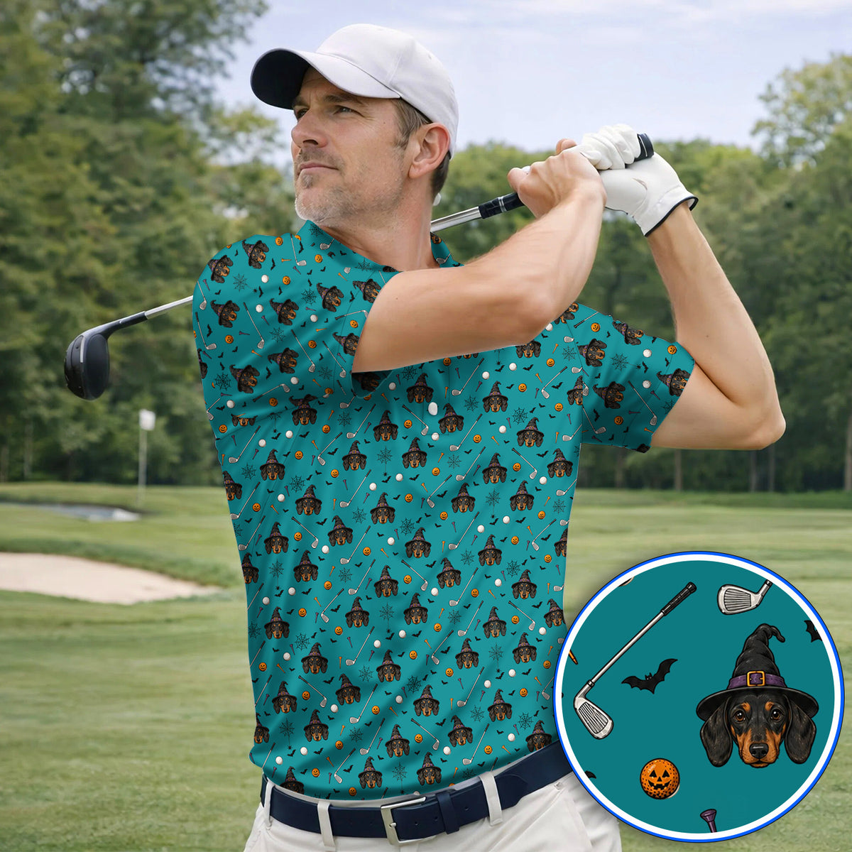 Witch Dachshund Golf Polos, Halloween Wiener Dog Pattern Golf Shirt, Golf Gift for Golfer