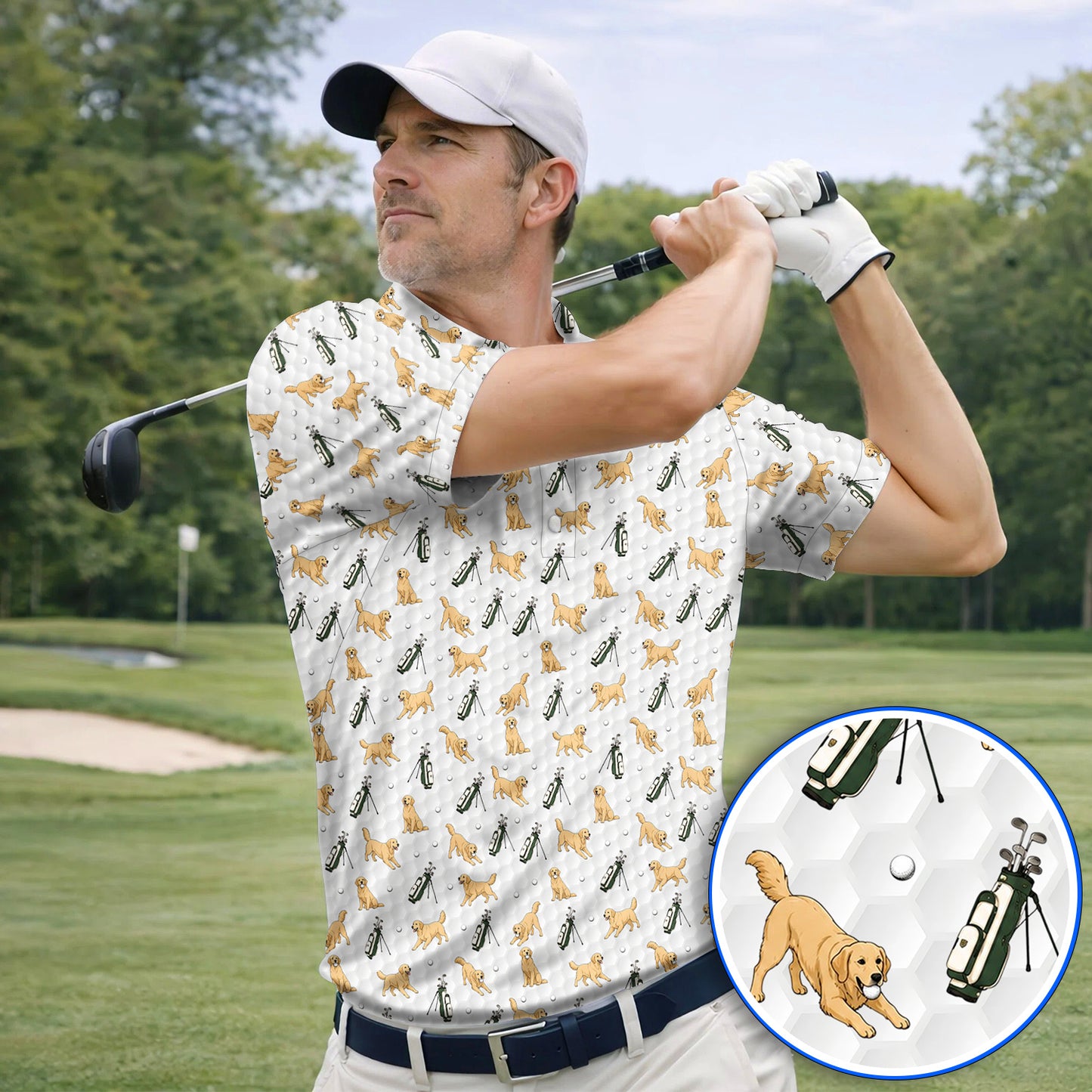 Funny Golden Retriever Pattern Golf Shỉt, Golden Retriever Golf Shirt For Golfer, Dad Golf Gift