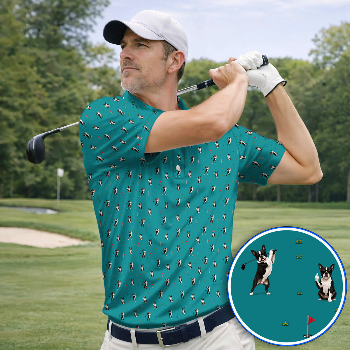 Boston Terrier Pattern Golf Shirt, Crazy Boston Terrier Golf Polos, Golf Gift For Golfer