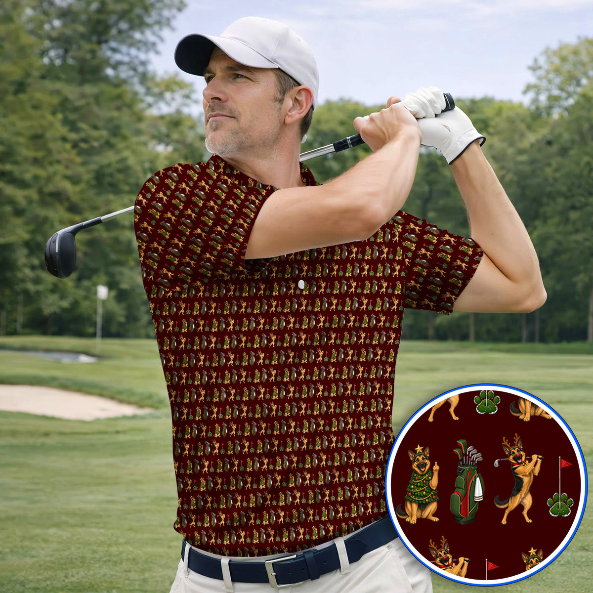 German Shepherd Christmas Golf Shirt, German Shepherd Pattern Golf Polos, Xmas Golf Gift For Golfer