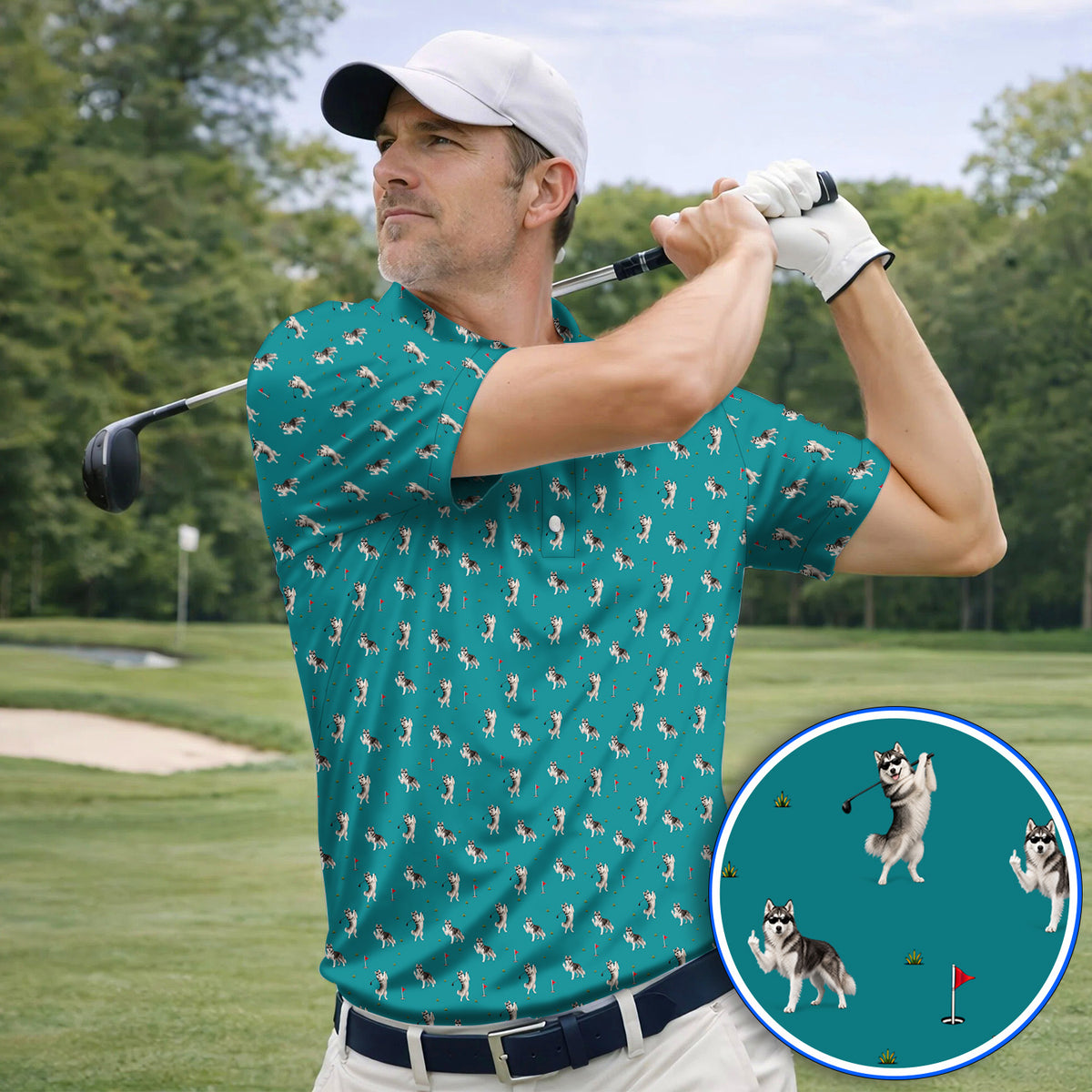 Husky Sibir Golf Polos, Husky Pattern Golf Shirt For Golfer, Funny Golf Gift For Dog Lover
