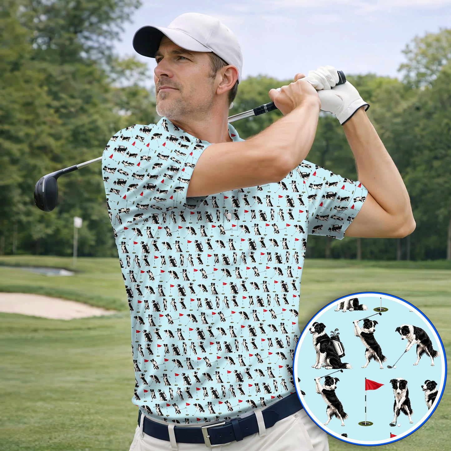 Border Collie Golf Polos, Border Collie Pattern Golf Shirt for Golfer, Funny Golf GIft For Golfer
