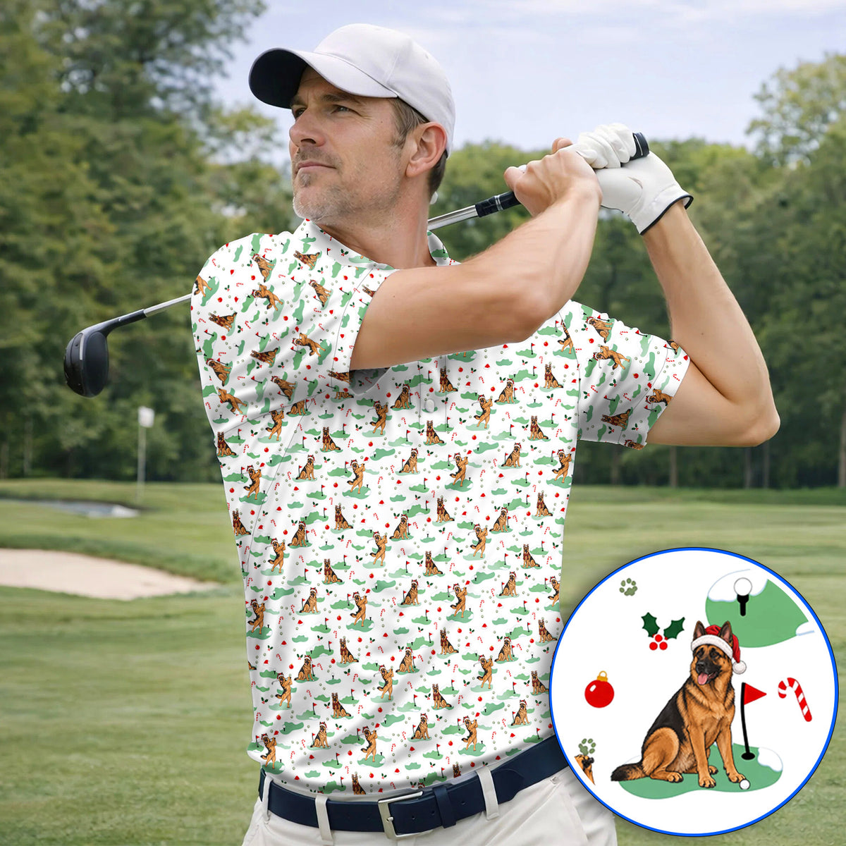 Funny German Shepherd Christmas Golf Shirt, German Shepherd Pattern Golf Polos, Xmas Golf Gift for Golfers