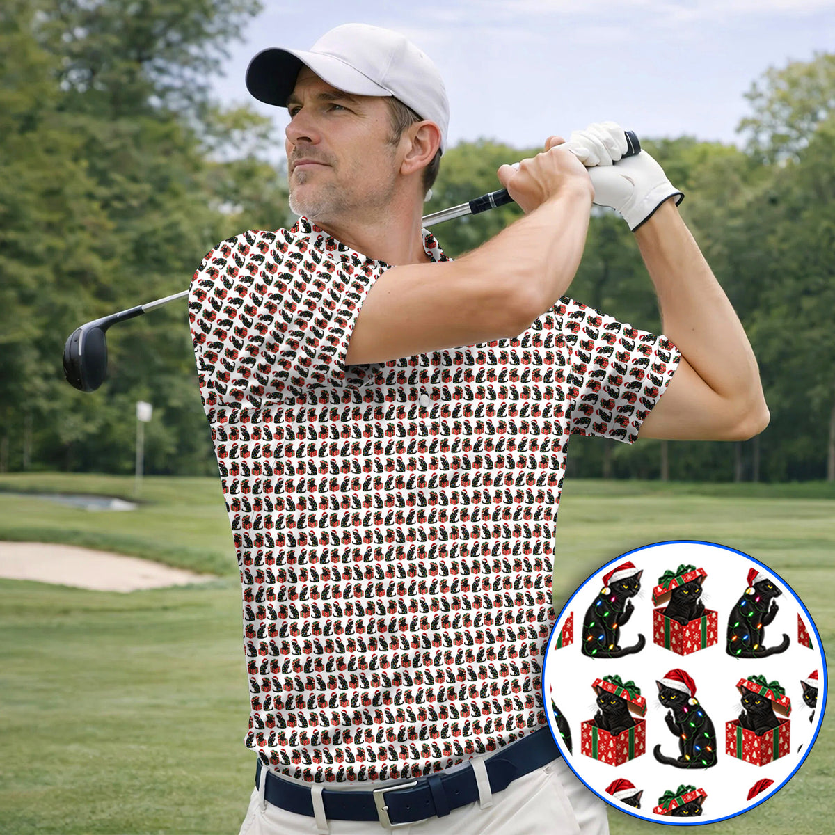 Black Cat Christmas Pattern Golf Polos, Funny Christmas Cat Golf Shirt, Holiday Gift for Cat Lovers