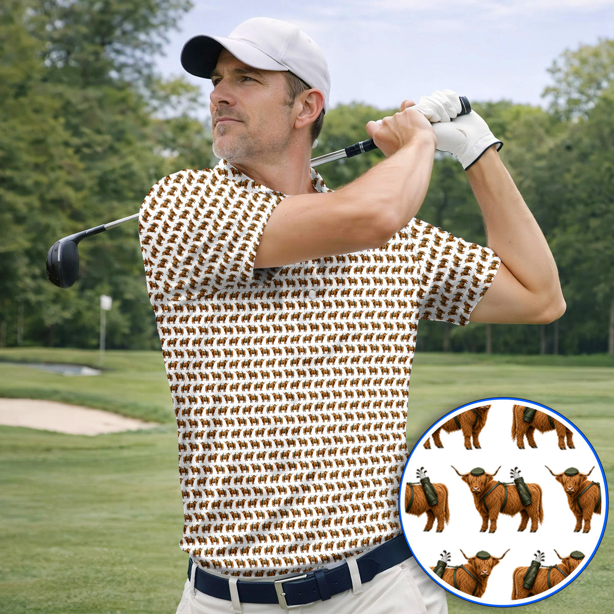 Crazy Highland Cow Caddie Polos, Highland Cow Golf Shirt, Golfer Gift For Golfers