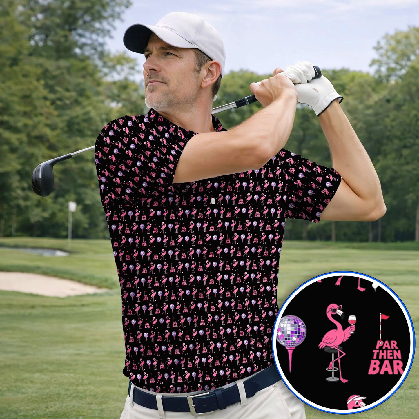 Funny Tropical Flamingo Pattern Golf Shirt, Pink Flamingo Bird Golf Polos, Unique Summer Golf Gift For Golfer
