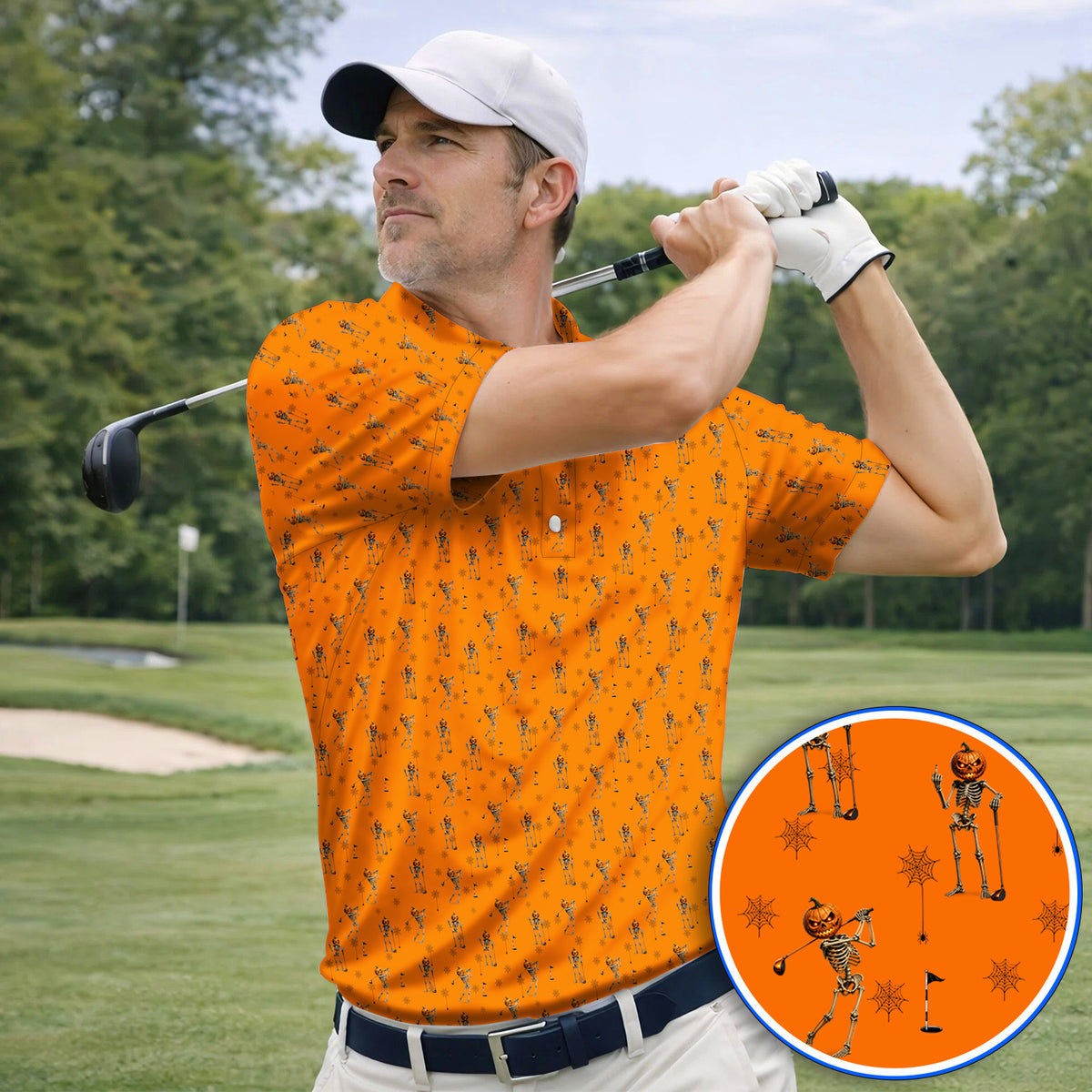 Halloween Skeleton Golf Polos, Pumpkin Head Pattern Golf Shirt, Funny Golf Gift for Golfer
