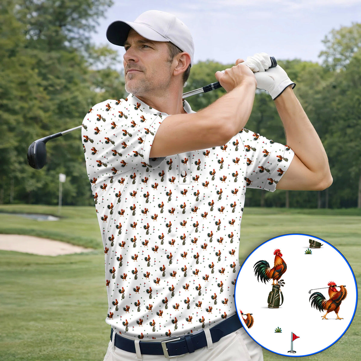 Rooster Golf Swing Shirt, Rooster Pattern Golf Polos For Chicken Lovers, Crazy Golf Gift For Golfers
