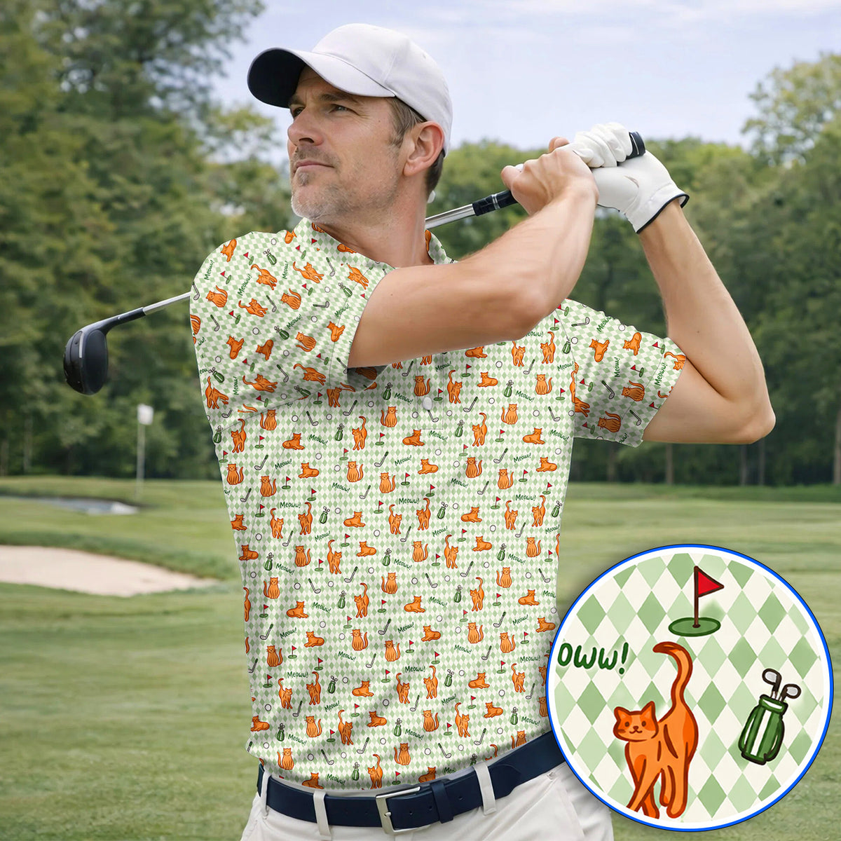 Cute Orange Cat Golf Shirt, Meow Cat And Golf Pattern Polos, Funny Cat Golf Gift For Golfer
