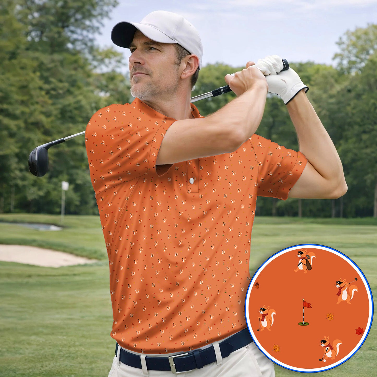 Fall Pattern Golf Polos, Autumn Squirrel Golf Shirt, Crazy Golf Gift For Golfer