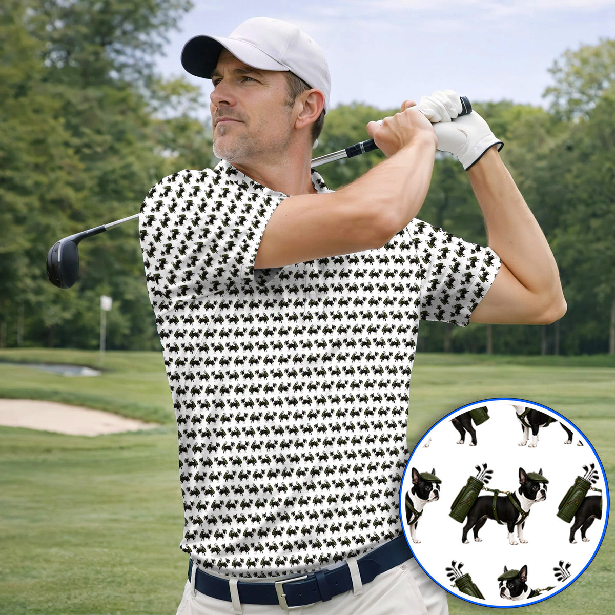 Crazy Boston Terrier Pattern Golf Shirt, Boston Terrier Golf Polos, Golf Gift For Golfer