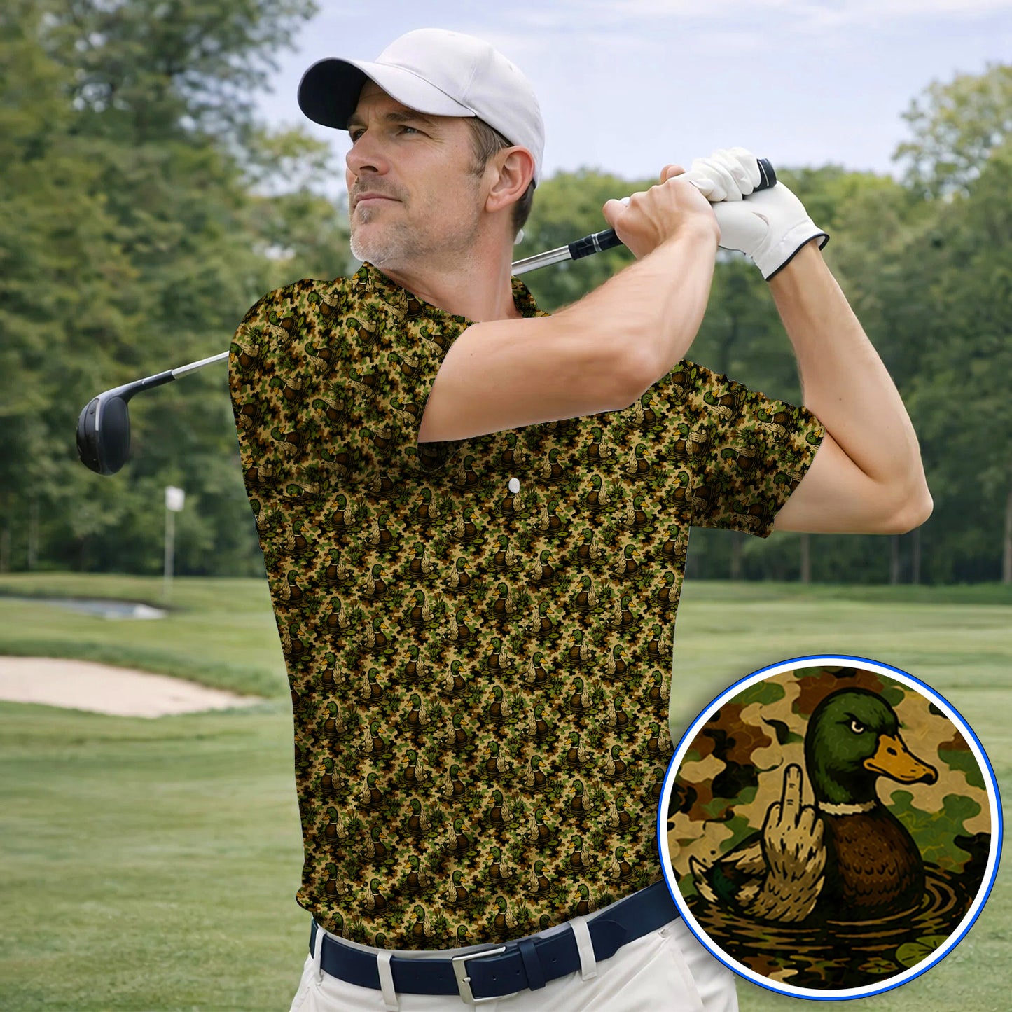 Funny Mallard Duck Golf Polos, Camo Duck Pattern Shirt, Hunting Gift For Golf Lovers