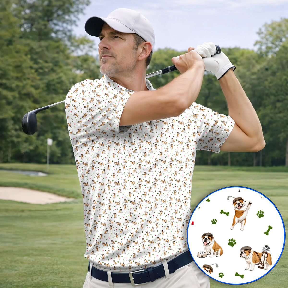 Funny Bulldog Golf Pattern Polos, English Bulldog Golf Shirt, Golf Gift For Golfer