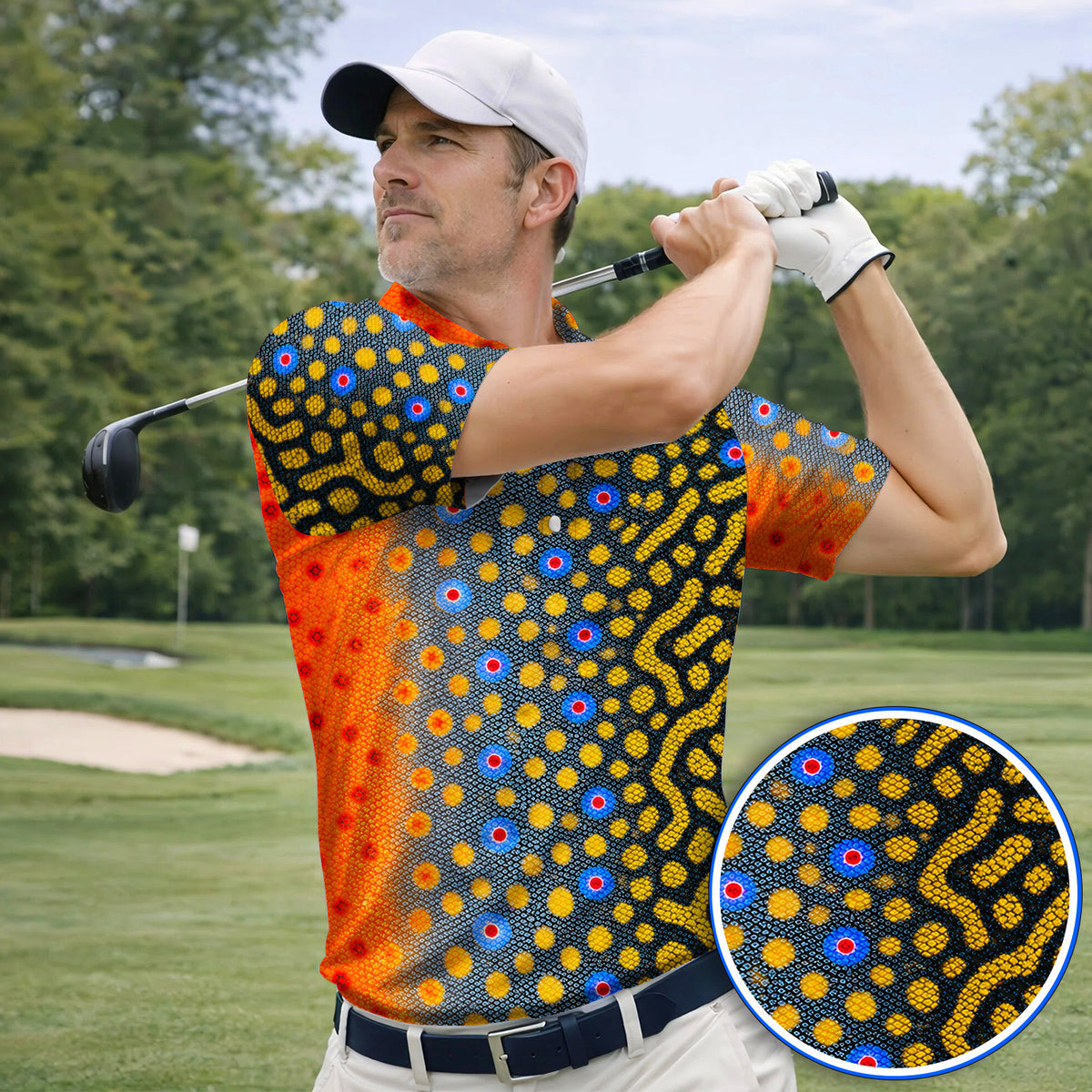 Brook Trout Skin Golf Polos, Vibrant Orange Spotted Fish Scale Pattern Golf Shirt, Crazy Golf Gift For Golfers