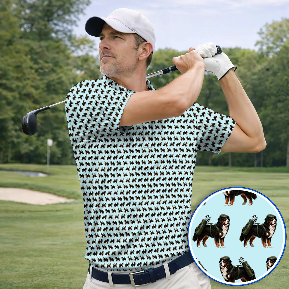 Funny Bernese Mountain Golf Pattern Polos, Bernese Golf Shirt For Dog Lover, Golf Gift For Golfer