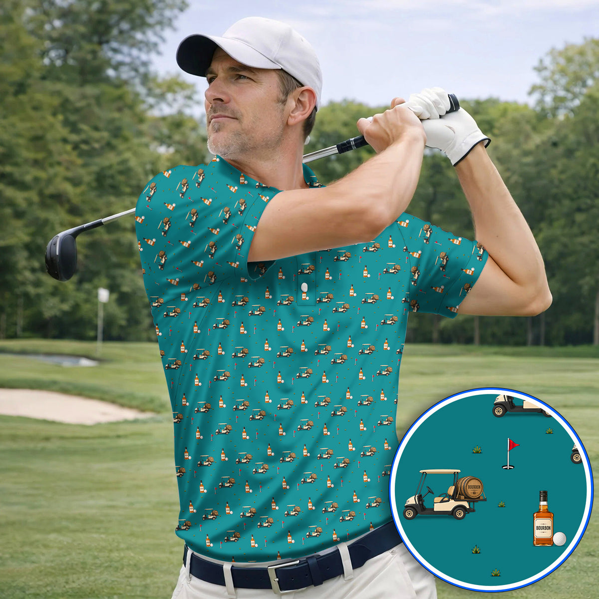 Bourbon Cart Golf Polos, Whiskey Barrel & Golf Course Pattern Shirt, Funny Golf Gift For Golfer