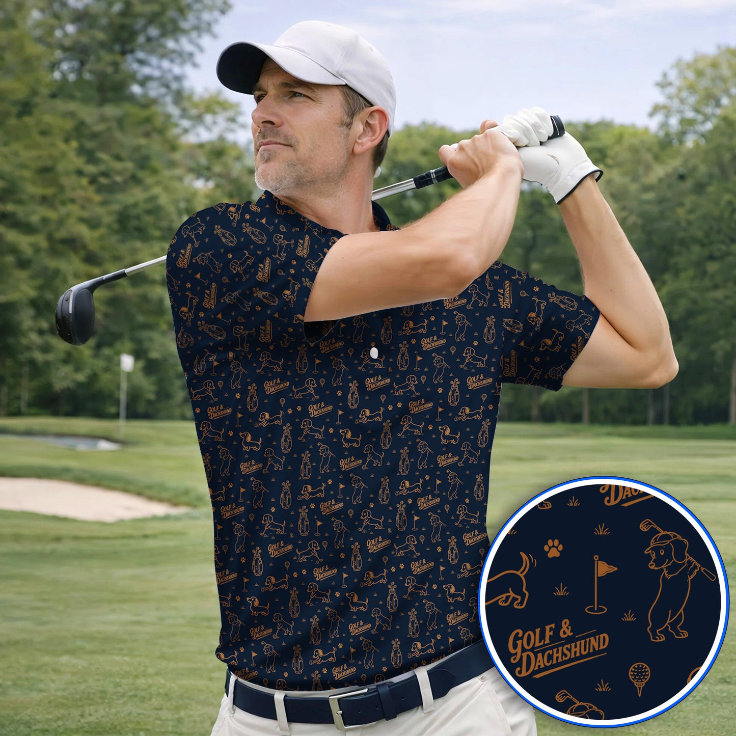 Golf & Dachshund Pattern Polos , Wiener Dog Golf Shirt For Golfer, Funny Doxie Lover Gift