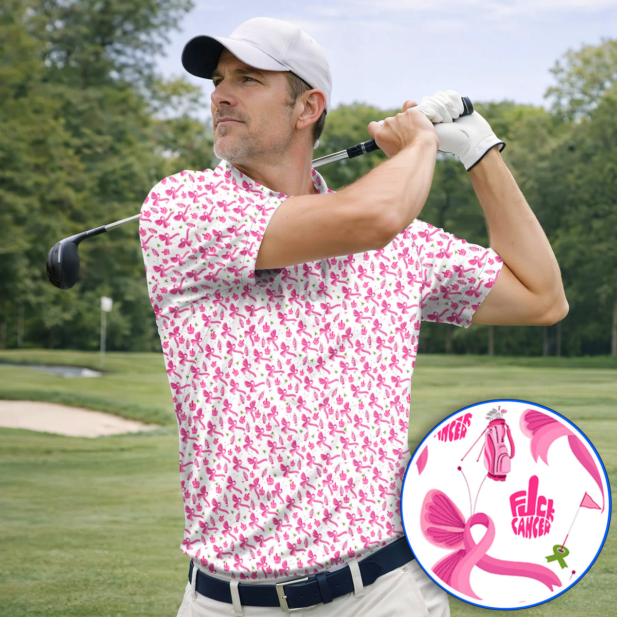 Fight With Every Swing Breast Cancer Awareness Golf Polos, Pink Ribbon & Golf Pattern Shirt, Support Gift for Golfers